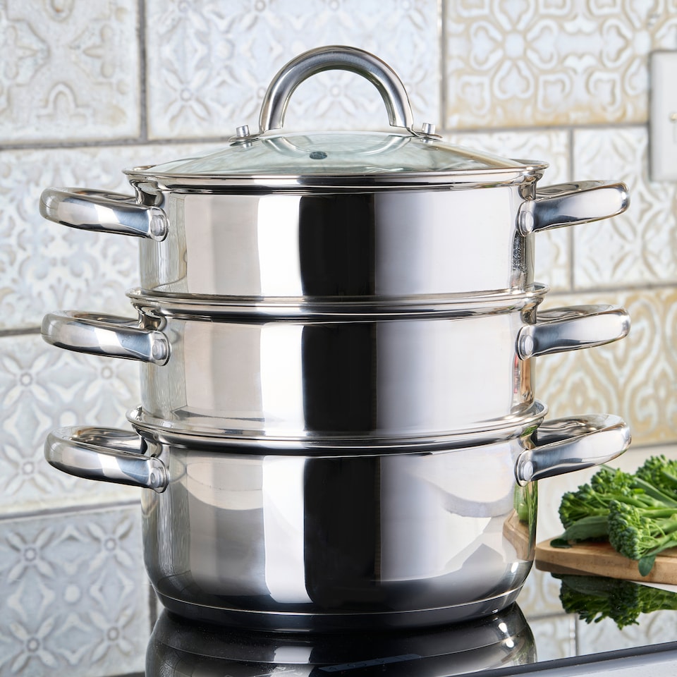 image 1 of Cooks Professional 3 Tier Stainless Steel Steamer Pan - Suitable for All Hobs | Silver | 1