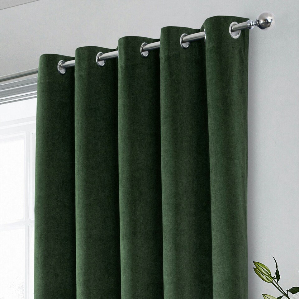 image 1 of Hampton Green Velvet Curtains 90 x 108 inch (229 x 274 cm) 100% Blackout Eyelet Thermal Noise Reducing Curtains for Bedroom and Living Room