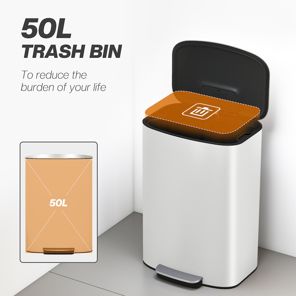 image 1 of HOMCOM Pedal Bin with Soft-Close Lid, 50L Kitchen Bin with Carry Handle Cream | White