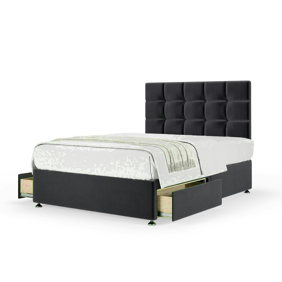 Graphite Plush Velvet 2 Drawer Divan Base and Pearl Headboard Small Double