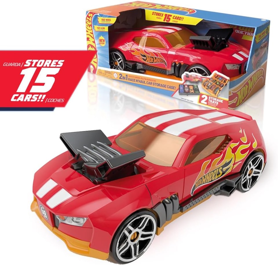 image 1 of Hot Wheels NEW Car Storage 2in1 Race N' Haul free wheel Car Storage case with Retractable Handle - Stores up to 15 cars (cars not included) | Red
