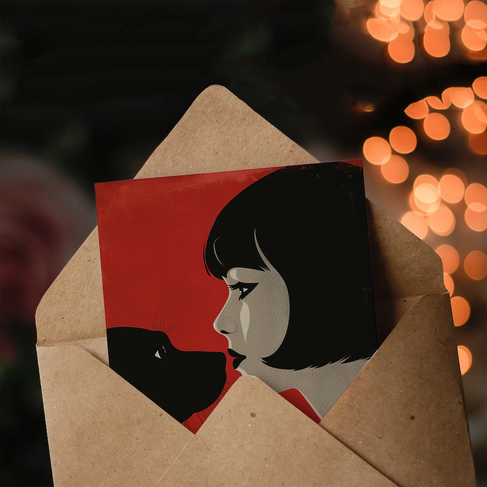 image 1 of Greeting Card Black Dog Lover Lady and Pet Bold Red Retro Style