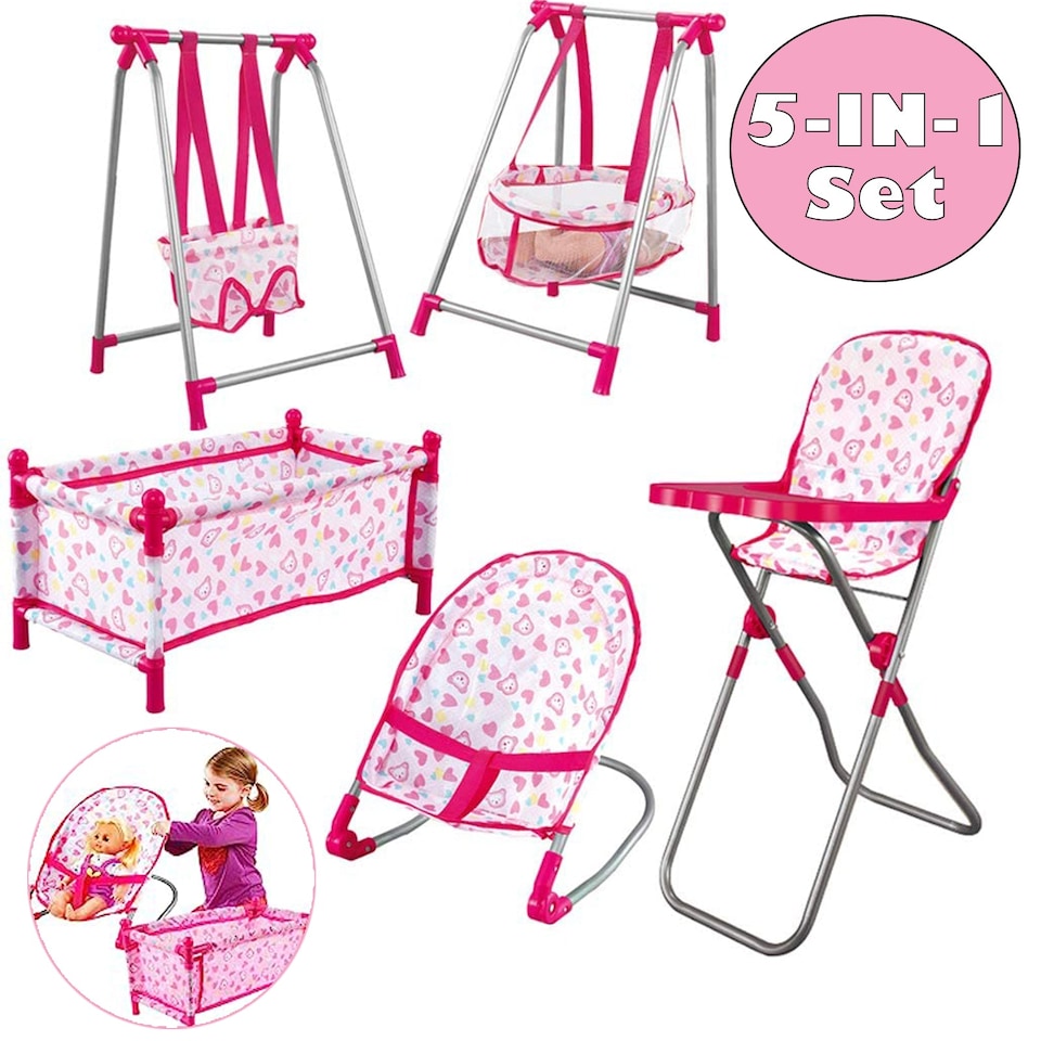 image 1 of 5-in-1 Baby Doll Play Set - with Cot, Swing & High Chair Cot Bed, Bouncer, Adjustable Swing Seats & High Chair