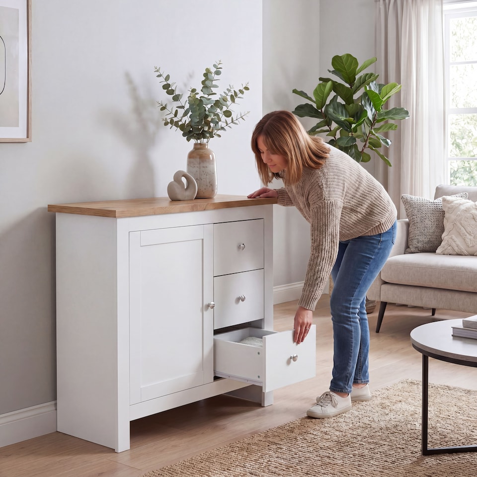 image 1 of Vida Designs Arlington 3 Drawer 1 Door Sideboard Shaker Buffet Cabinet Storage, White & Oak | White | White & Oak | 1
