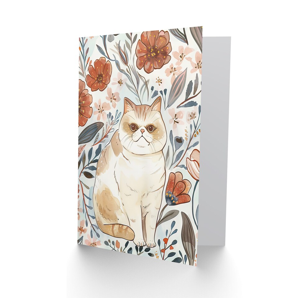 image 1 of Greeting Card Smiling Exotic Shorthair Cat Floral Watercolour Birthday