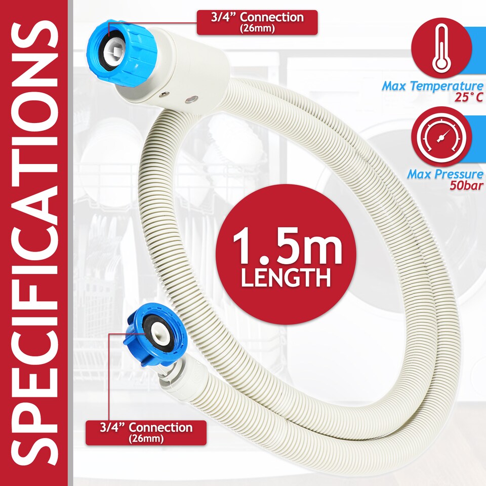 image 1 of SPARES2GO Safety Inlet Hose Washing Machine Dishwasher Water Fill Leak Protection Stop Valve Pipe (1.5m Length, 3/4" Connections)