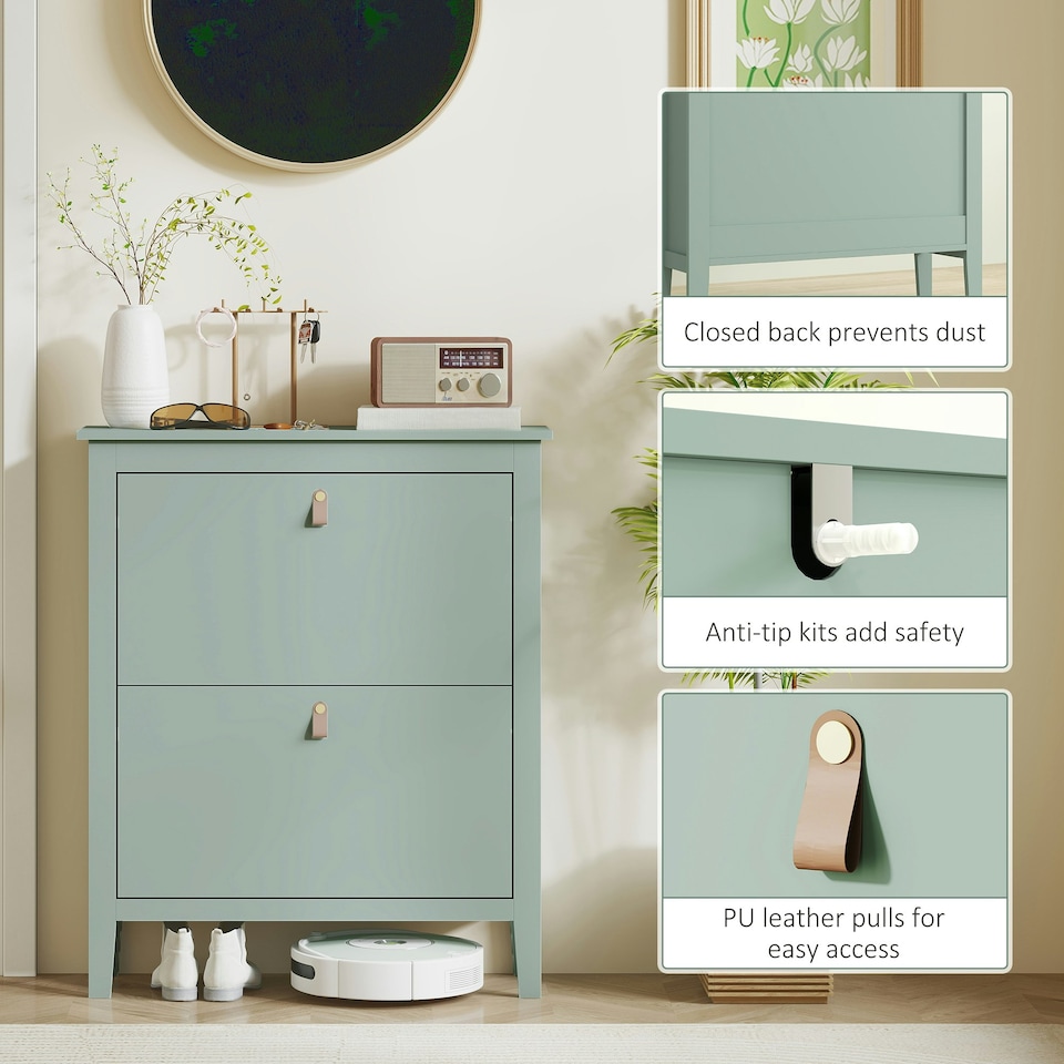 image 1 of HOMCOM 2 Drawer Shoe Cabinet with Flip Doors for Hallway, Entryway Green | 80W x 24D x 95.5H cm