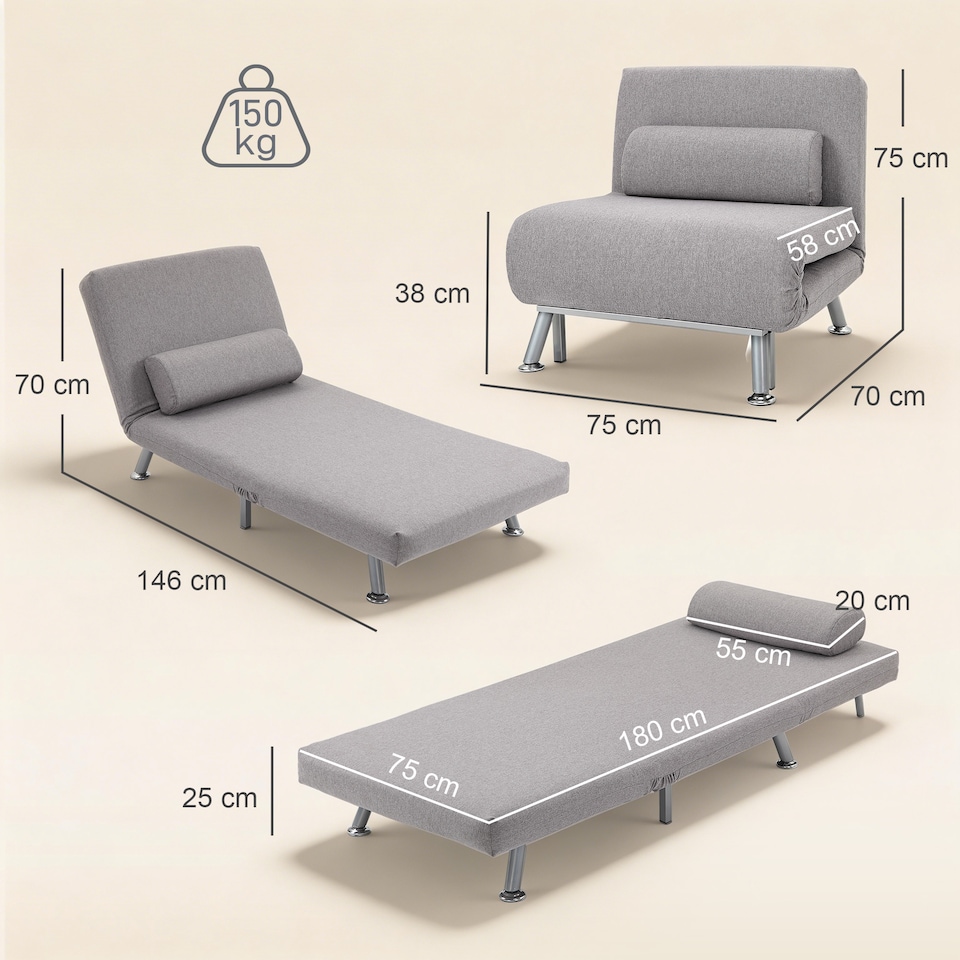 image 1 of HOMCOM Folding 5 Position Convertible Sleeper Chair Sofa Bed Grey Silver