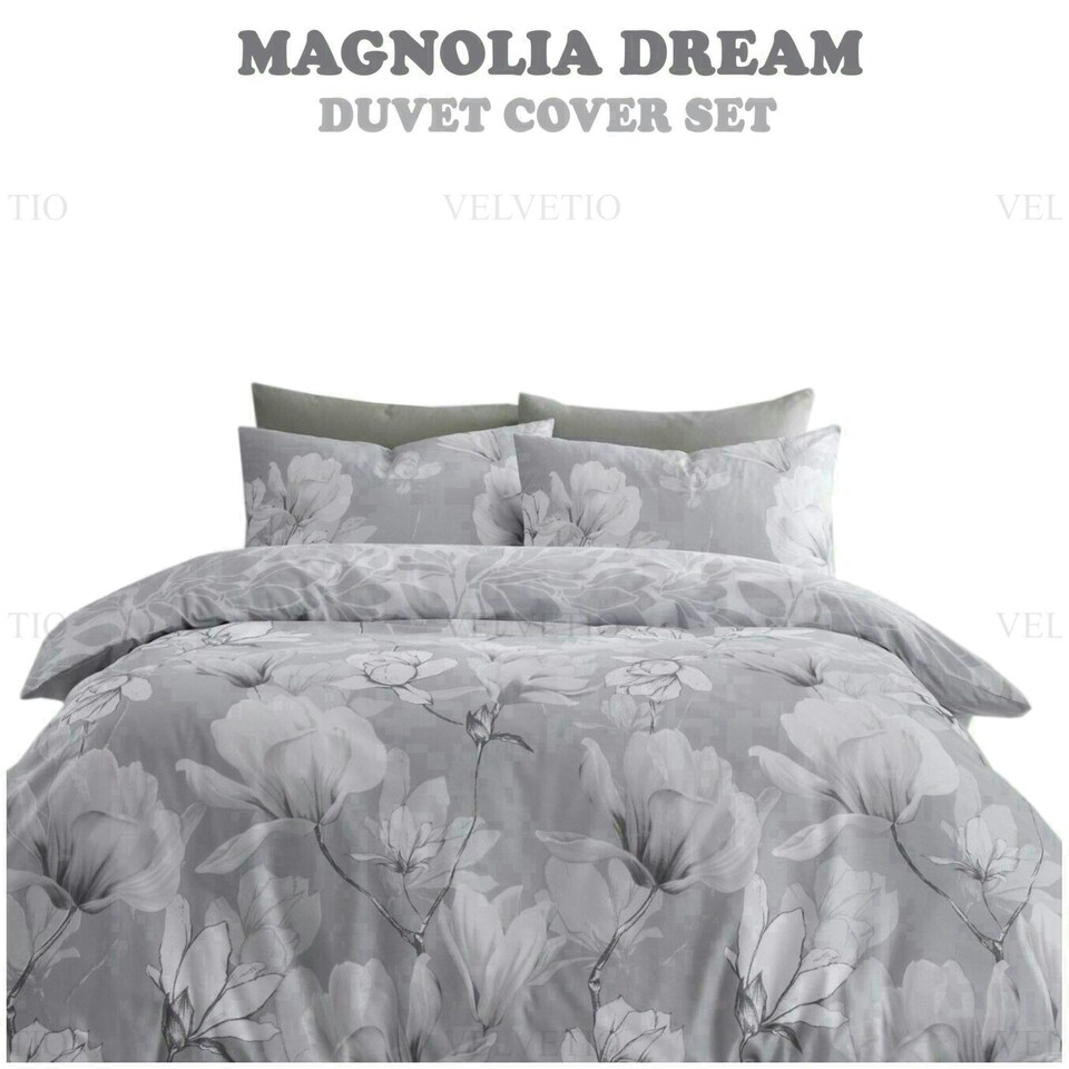 image 1 of VELVETIO Magnolia Dream Printed Duvet Cover Set Reversible Polycotton Easy Care Beddings Grey | Single