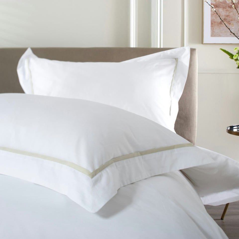 image 1 of Hampstead 100% Cotton Duvet Cover Set – 200 Thread Count with Inserted Ribbon & Oxford Pillowcases Brown | White | Double