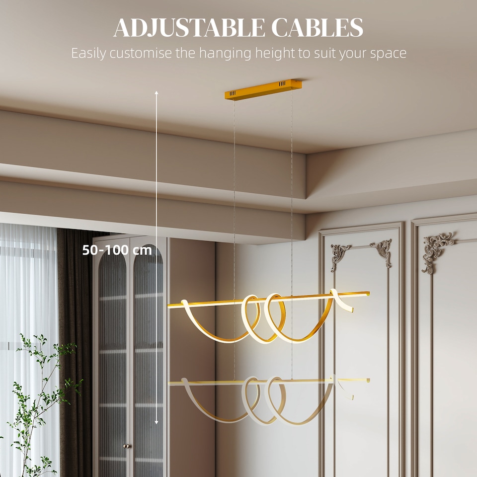 image 1 of HOMCOM LED Pendant Light, Modern Ceiling Light with three Temperatures, Adjustable Height Hanging Fixture with Wall Switch for Kitchen Island, Dining Room, Gold Tone | Gold