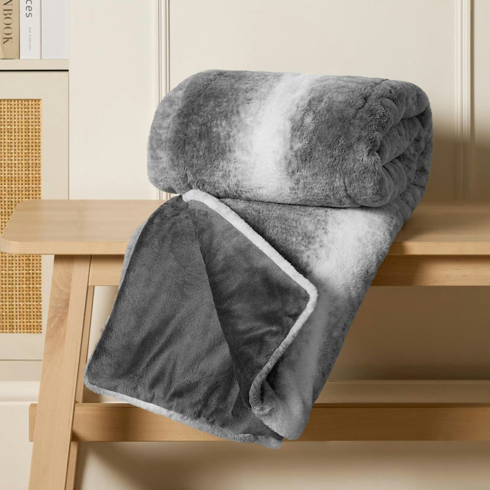 image 1 of OHS Faux Fur Striped Patterned Blanket Throw, 125x150cm - Grey