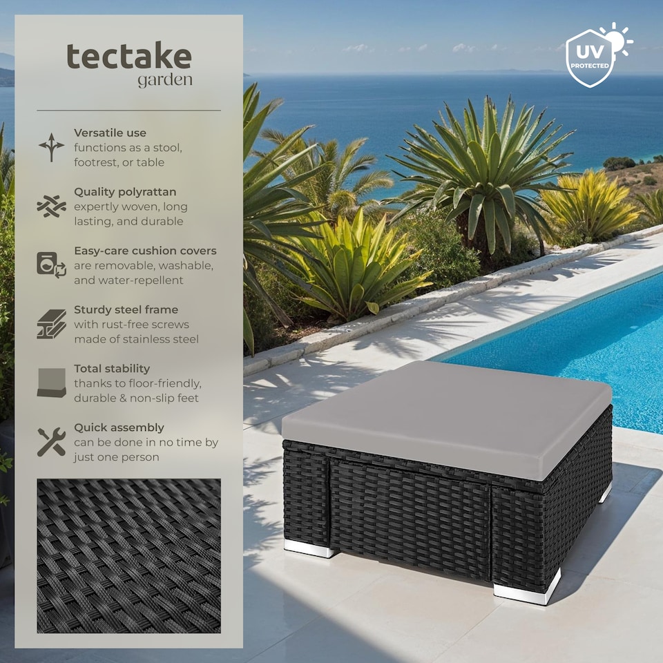 image 1 of Footstool Bitonto - durable, UV-resistant polyrattan chair, 53 x 53 x 26 cm | Black | black/grey | One Size | 1