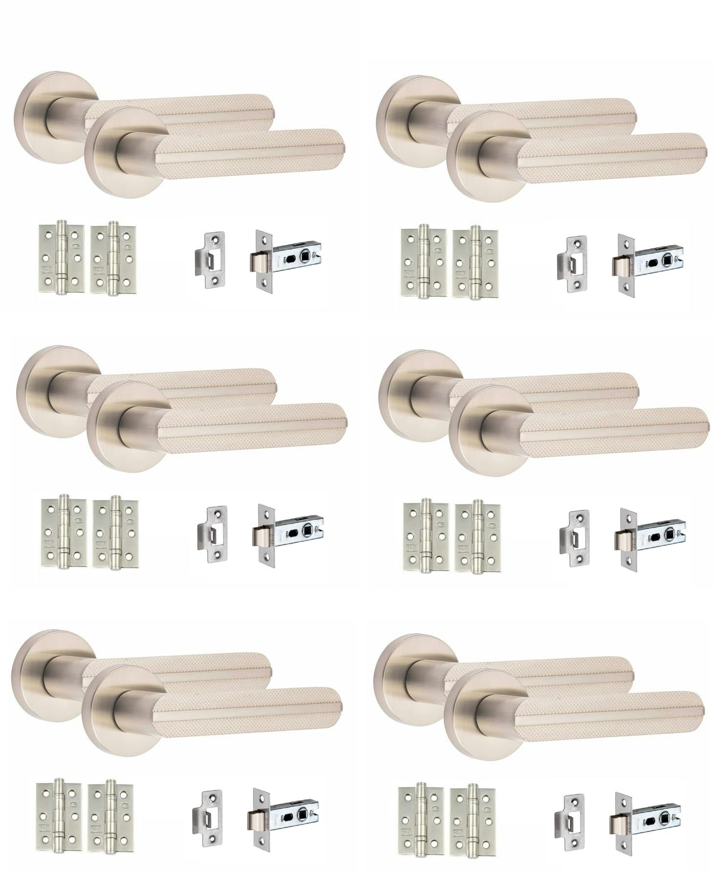 Golden Grace 6 Sets Modern Lima Knurled Design Premium Door Handles on Round Rose in Satin Nickel Finish with 2.5" Latch and 1 Pair of Ball Bearing Hi