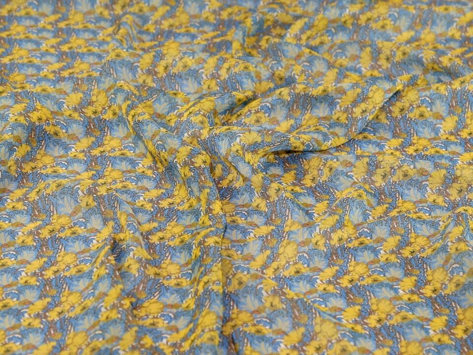 Liberty London Yellow & Blue Clementina Regent Silk Sheer Chiffon Dressmaking Fabric per metre - 134cm / 52" Wide