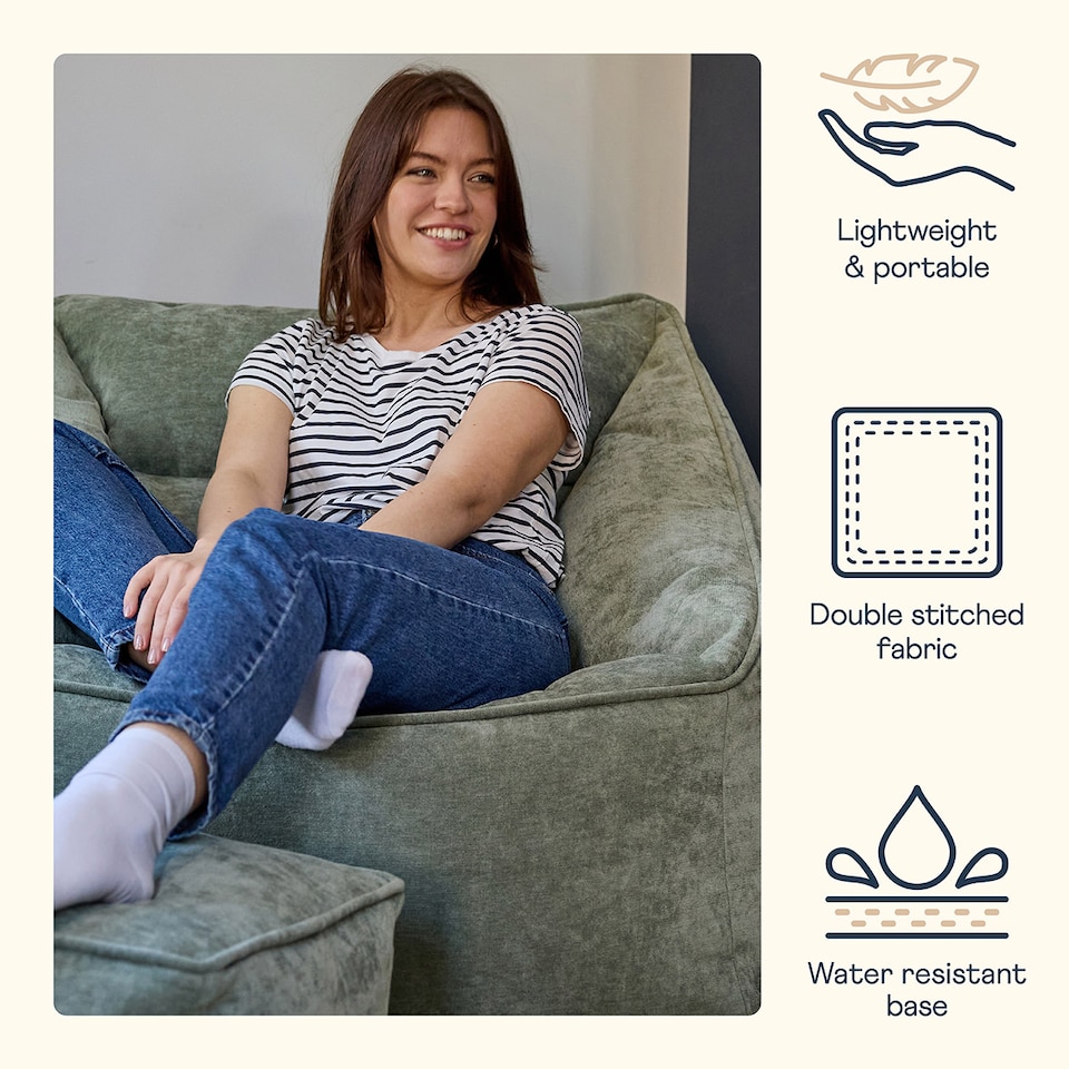 image 1 of Natalia Chenille Adults Bean Bag Armchair and Pouffe, Ready Filled Large Beanbag and Footstool Sage Green | Green | Sage Green | 2