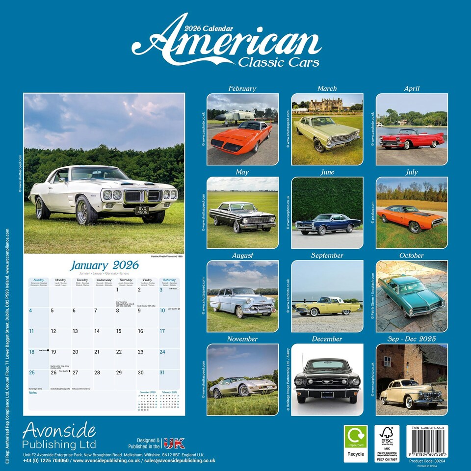 image 1 of American Classic Cars 2026 Calendar | Square Wall Calendar | Car Enthusiast Gift | Plastic Free Packaging | by Avonside Publishing