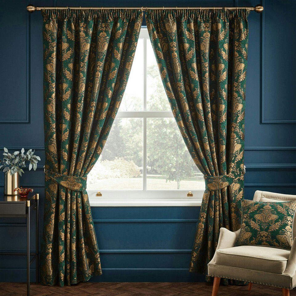 Paoletti Shiraz Traditional Jacquard Emerald Pencil Pleat Curtains 168 x 229cm
