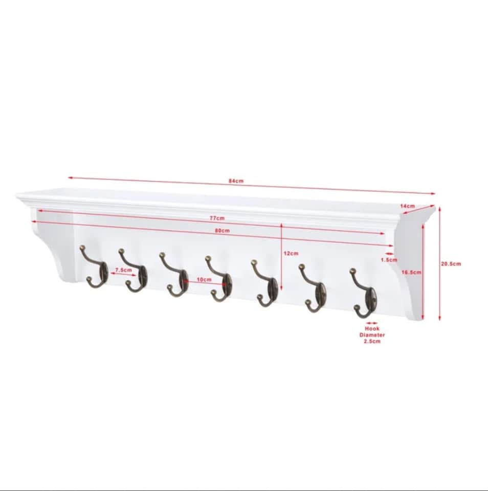 image 1 of Richmond White Wooden Wall Mounted Coat Rack - 7 Hooks, Shelf, Hallway, Bathroom | White
