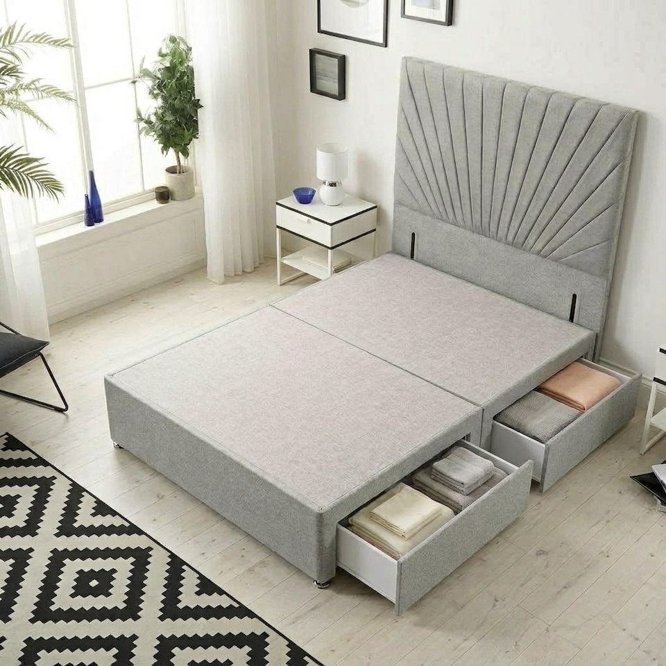 image 1 of Sunburst Divan Bed with 2 Drawers & 54'' Floor Standing Headboard Tweed Fabric | Grey | Grey