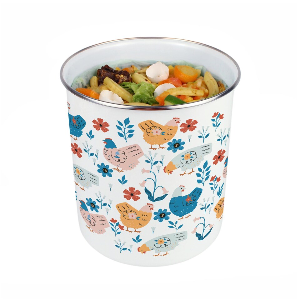 image 1 of Botanical Chickens Food Waste Caddy - Metal 2L Decorative Kitchen Compost Bin