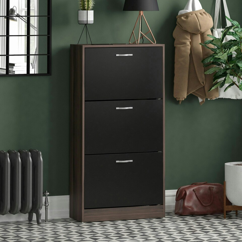 image 1 of Vida Designs 3 Drawer Shoe Cabinet Shoe Rack Storage Cupboard, Walnut & Black