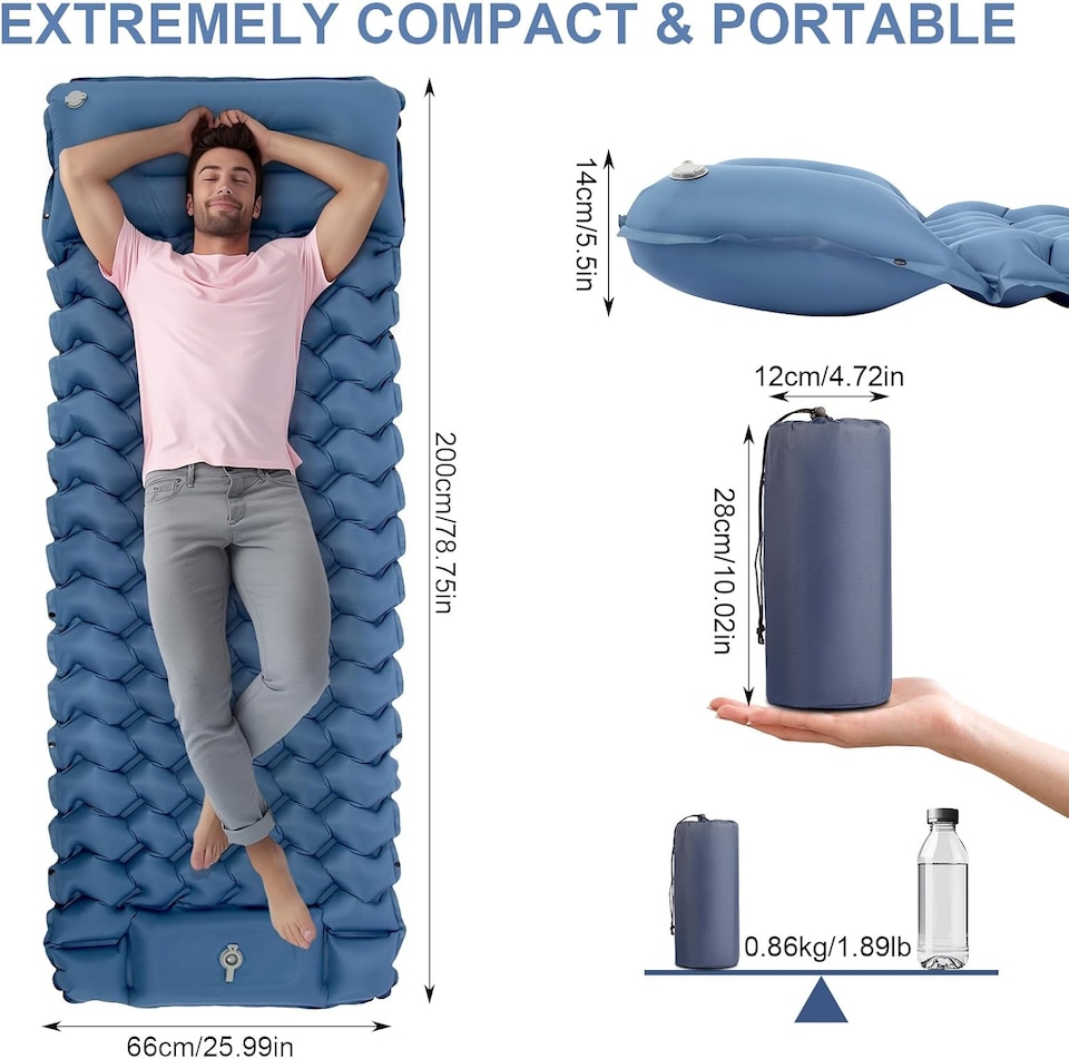 image 1 of Ultralight Inflatable Sleeping Mat with Built-in Pillow & Foot Pump | Blue | Blue