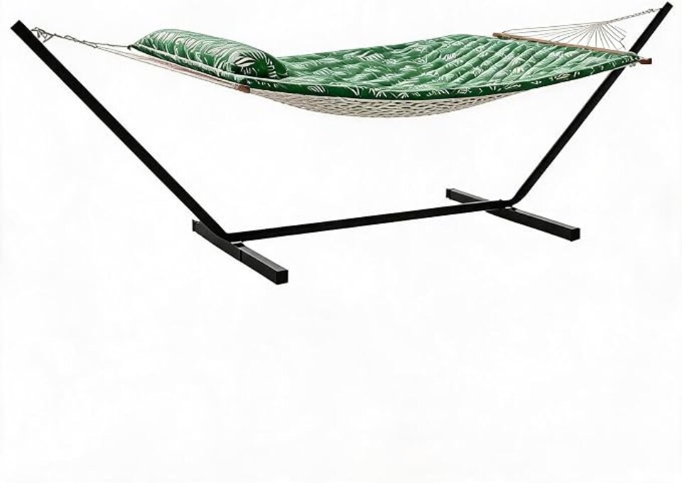 image 1 of London Boutique Double Hammock with Stand, 450lbs Heavy Duty 2 Person Hammock with Pillow & Pad for Backyard Garden Camping