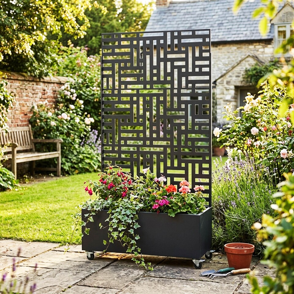 image 1 of Nicoman Metal Outdoor Privacy Screen Panel with Planter | Black | Black | 1