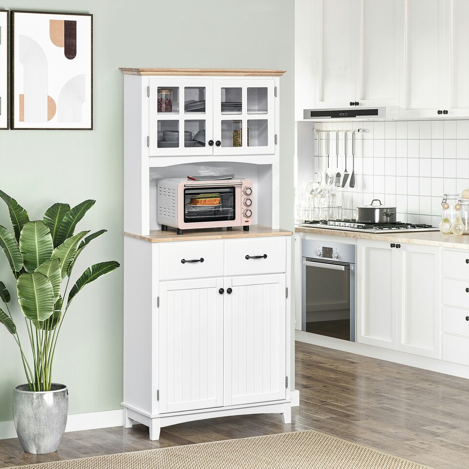 image 1 of HOMCOM Coastal Kitchen Cupboard Storage Cabinet w/ Drawer Microwave Counter