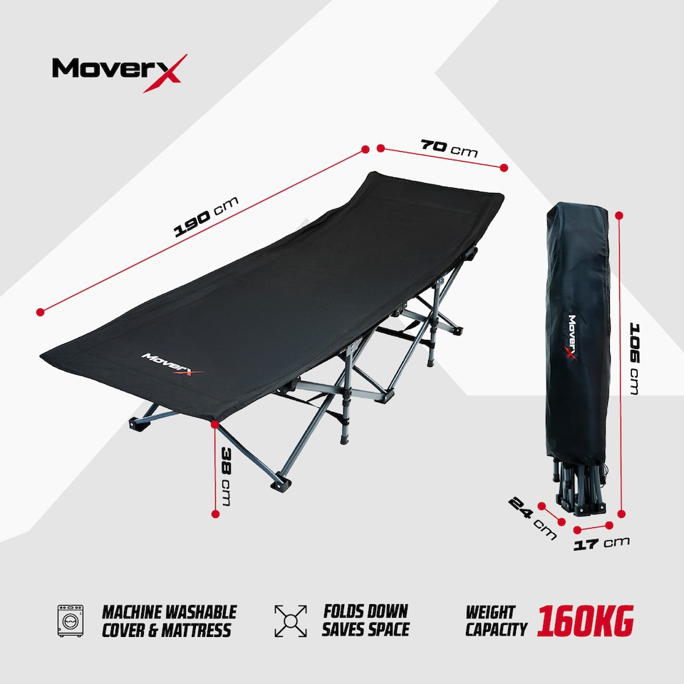 image 1 of MoverX Folding Camping Bed Single with Mattress, Heavy Duty Portable Camp Bed, Campervan, Tent, Travel Cot, Campbed, Black | Black | Portable/Travel