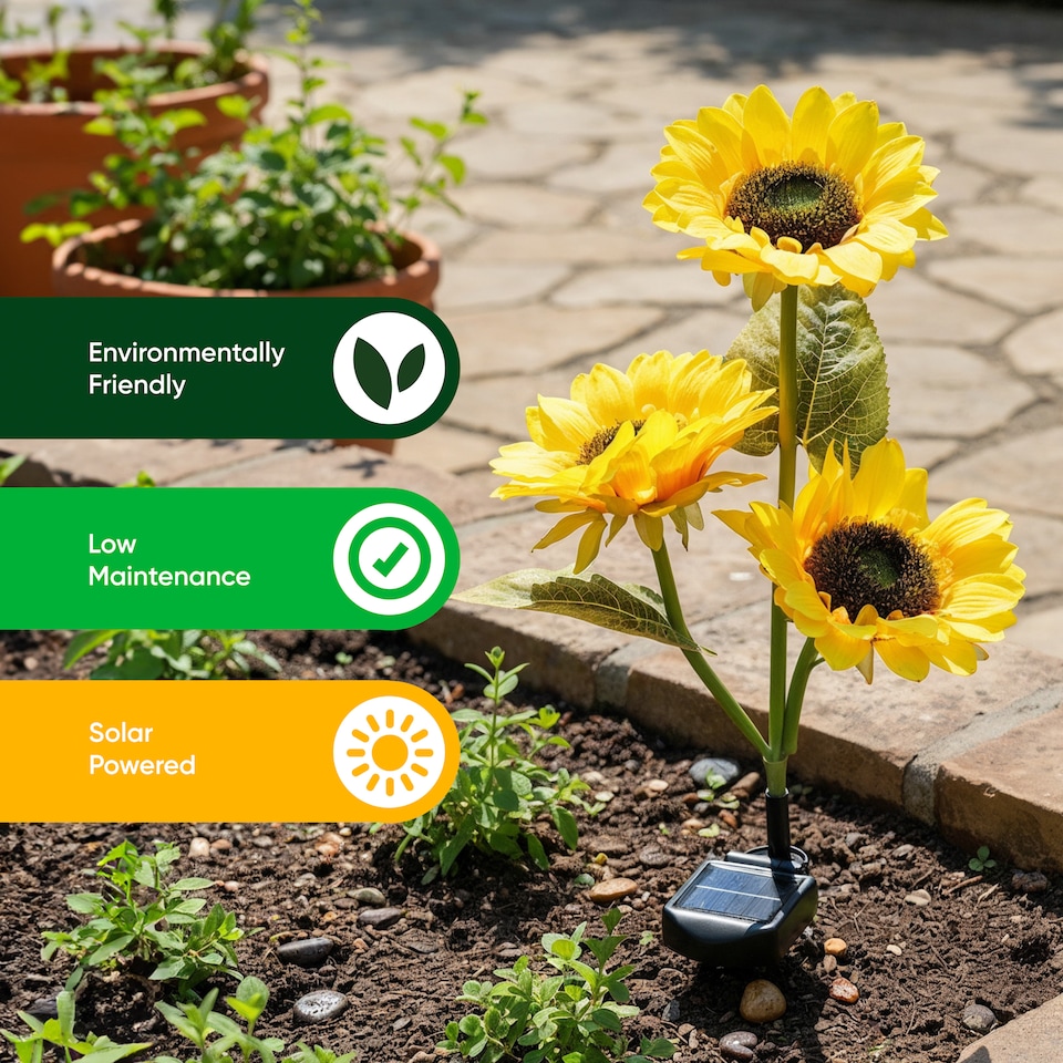 image 1 of Gardenwize Sunflower Solar Stake Lights with 3 Sunflower Heads