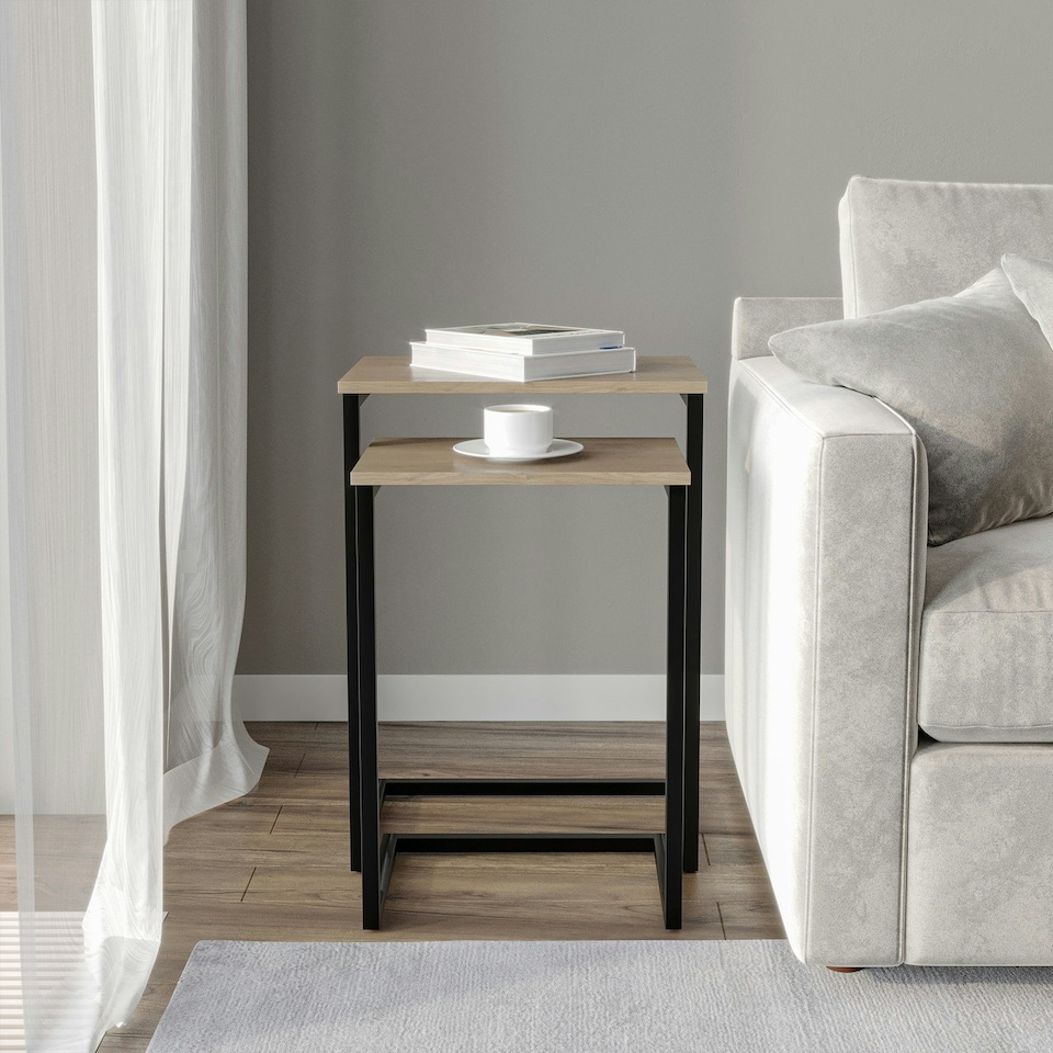 image 1 of 2 pc C-Shaped Nesting Side Tables Brown | Unit Colour: Oak