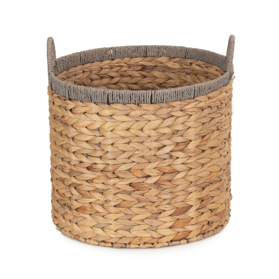 image 1 of Round Water Hyacinth Basket with Grey Rope Border Brown | Brown | L