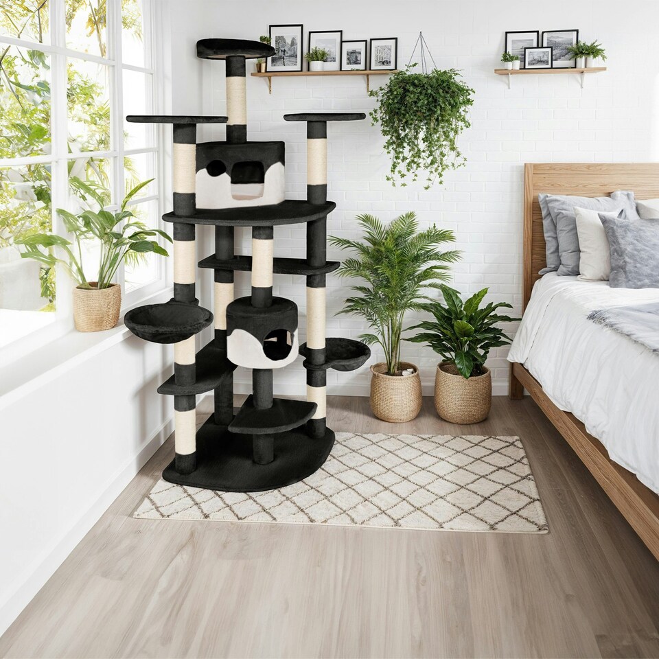 image 1 of Cat Tree Fippi - 201 cm tall, sisal cat scratching post, toy & anti-tip bracket - Black/White