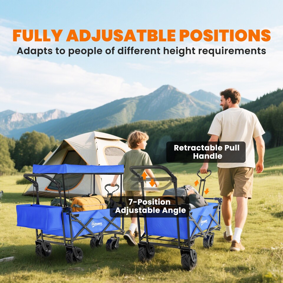 image 1 of Outsunny Outdoor Push Pull Wagon Stroller Cart w/ Canopy Top Blue