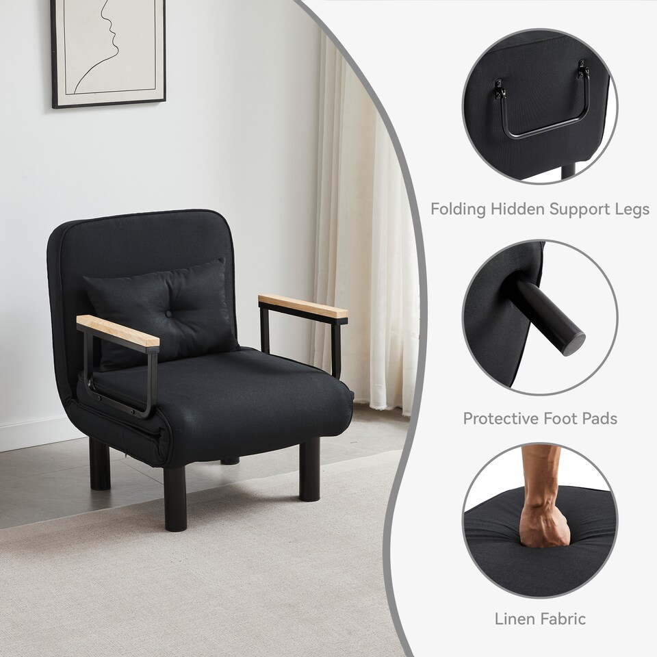 image 1 of 4 in 1 Folding Single Sofa Bed Convertible Lounge Sleeper Chair with Adjustable Backrest and Large Cushion Black