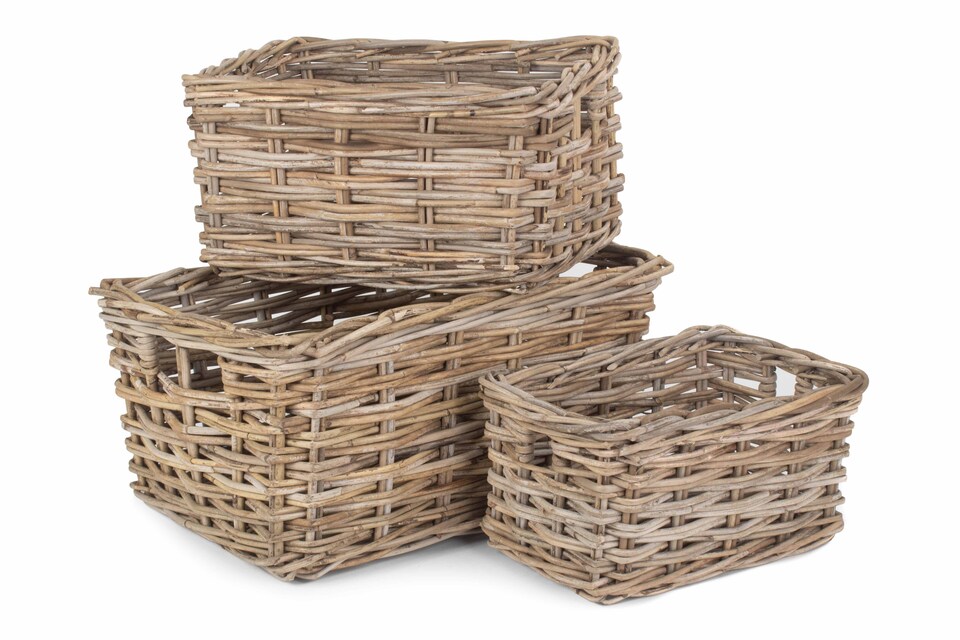 image 1 of Set of 3 Rectangular Grey Rattan Storage Baskets | Grey | Grey | Not provided