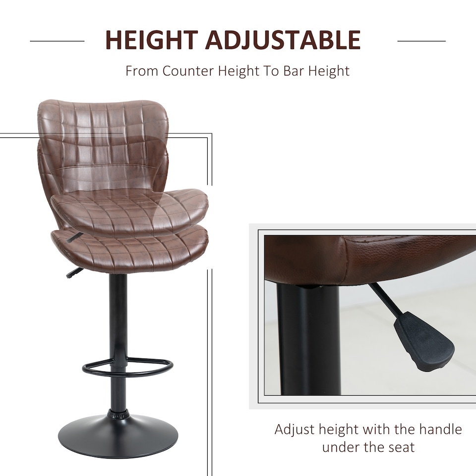image 1 of HOMCOM Bar Stools Set of 2 Adjustable Height Swivel Bar Chairs in PU Leather with Backrest & Footrest, Brown