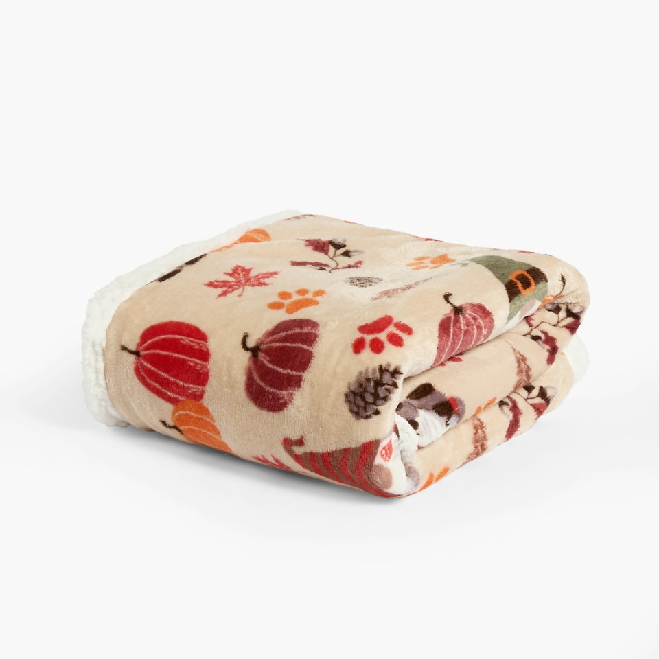 image 1 of OHS Autumnal Pumpkin Paw Print Soft Cosy Warm Sherpa Fleece Reverse Pet Dog Cat Crate Blanket Cream | Natural | One Size