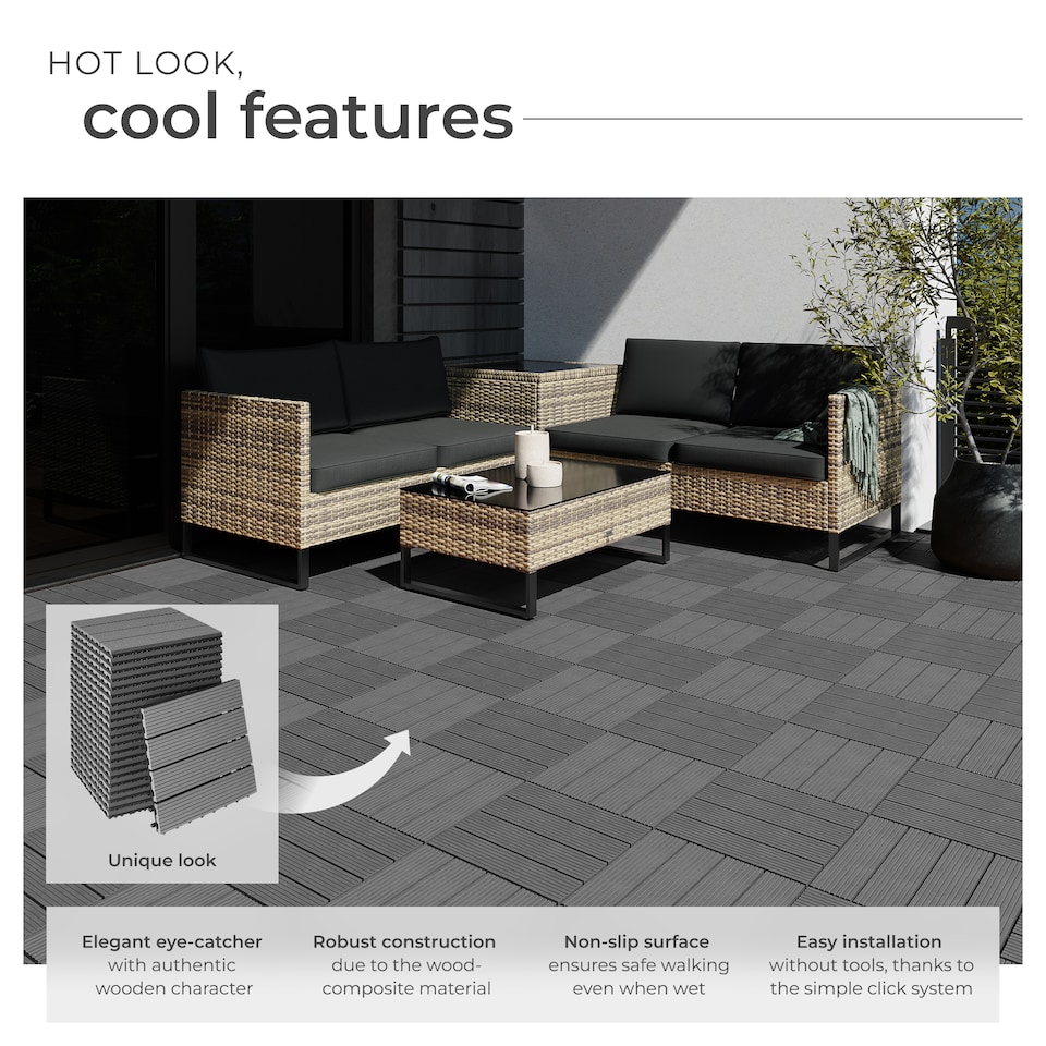 image 1 of Composite Decking Tegulas - click system, wood look, outdoor safe | Grey | grey | 31 x 31 x 2,20 cm | 22