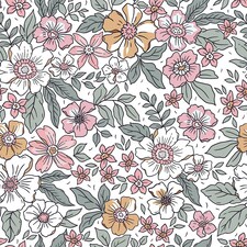 Gorgeous Gardenia Wallpaper in Sage Green and Pink on White | White | Sage Green And Pink On White | 50cm x 10m