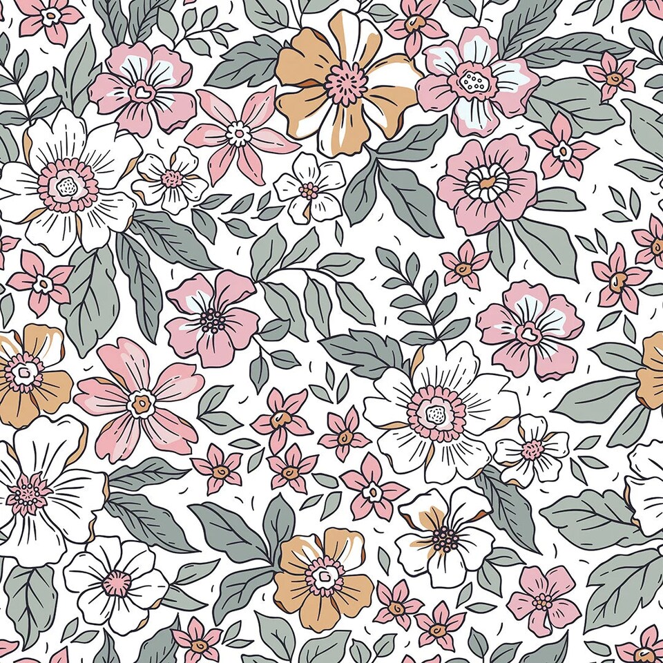 image 1 of Gorgeous Gardenia Wallpaper in Sage Green and Pink on White | White | Sage Green And Pink On White | 50cm x 10m