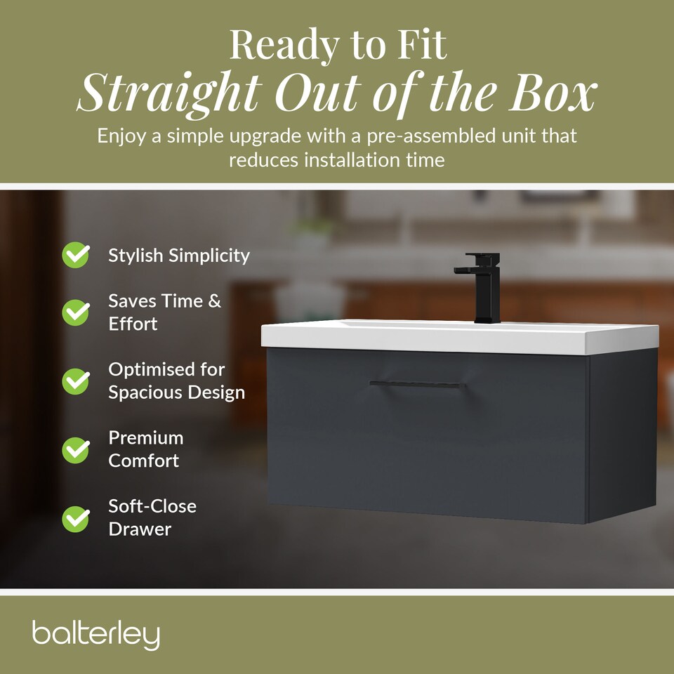 image 1 of Balterley Wall Hung Bathroom 1 Drawer Vanity Unit and 1 Tap Hole Ceramic Basin, with Handle | Grey | Soft Black