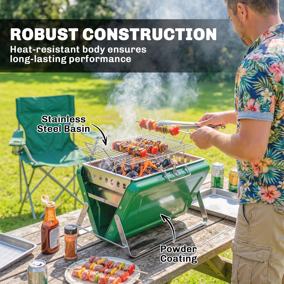 image 1 of Outsunny Charcoal BBQ Grill Portable with Tilting Grate | Green | Black | 40 x 28 x 25.5 cm