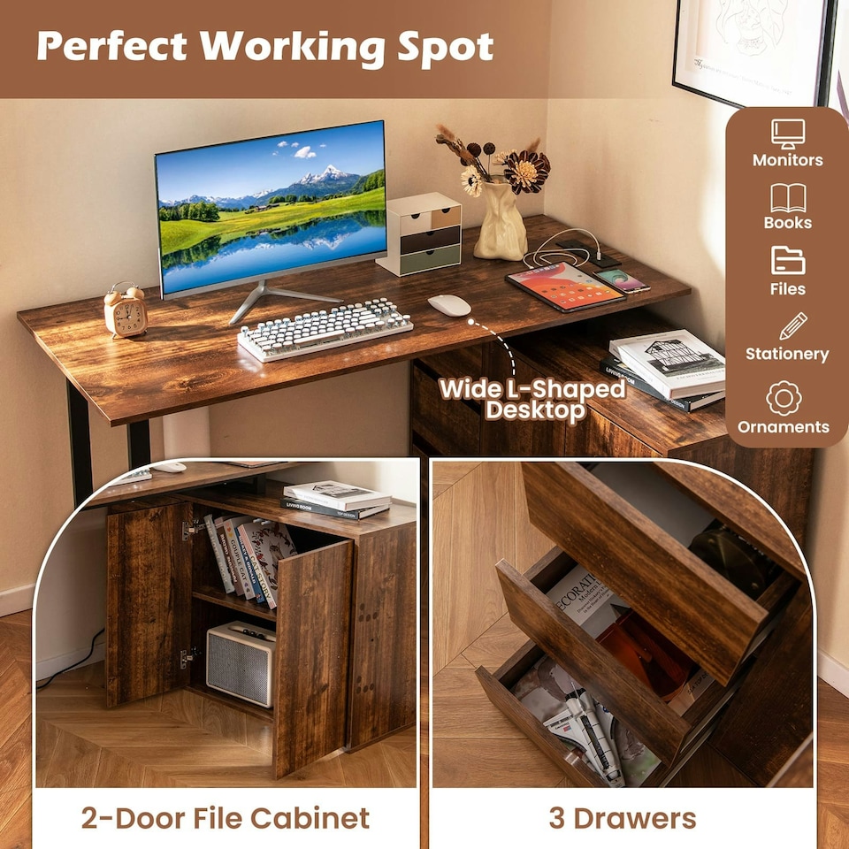 image 1 of COSTWAY L-Shaped Desk Reversible Corner Computer Desk Coffee Brown