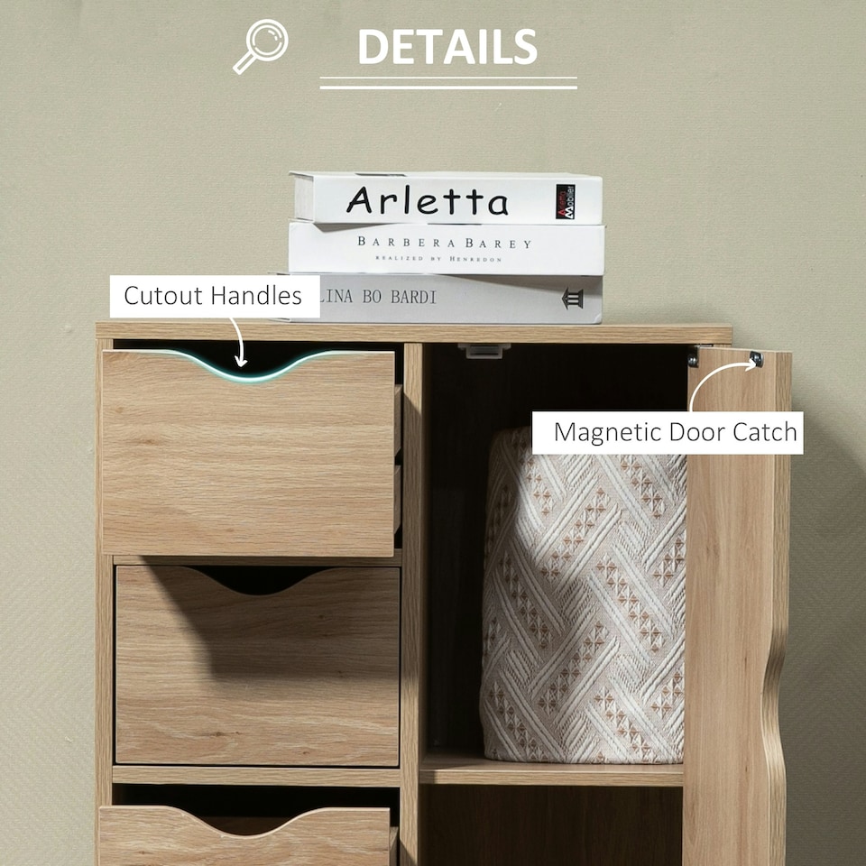 image 1 of HOMCOM Freestanding Bathroom Cabinet with 4 Drawers and Door Cupboard Natural