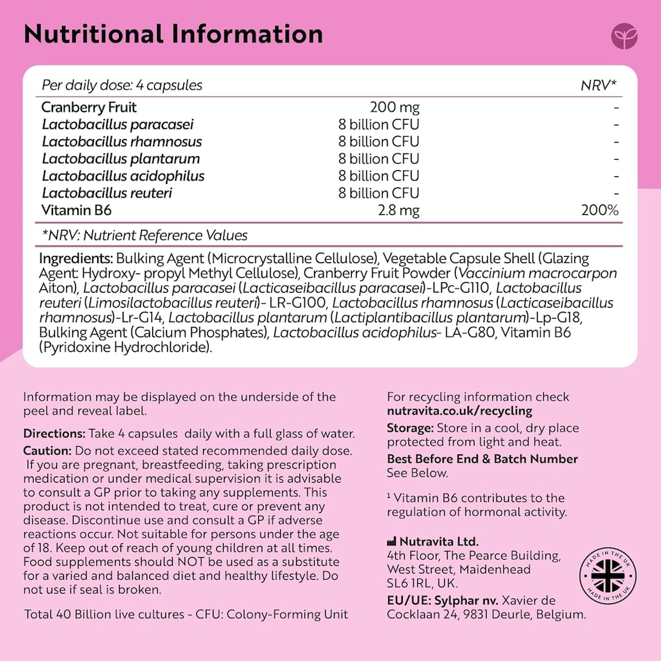 image 1 of Nutravita Probiotics for Women - 40 Billion CFU 5-Strain Probiotic - Vitamin B6 & Cranberry - Bio Cultures for Women's Intimate Flora - 60 Capsules