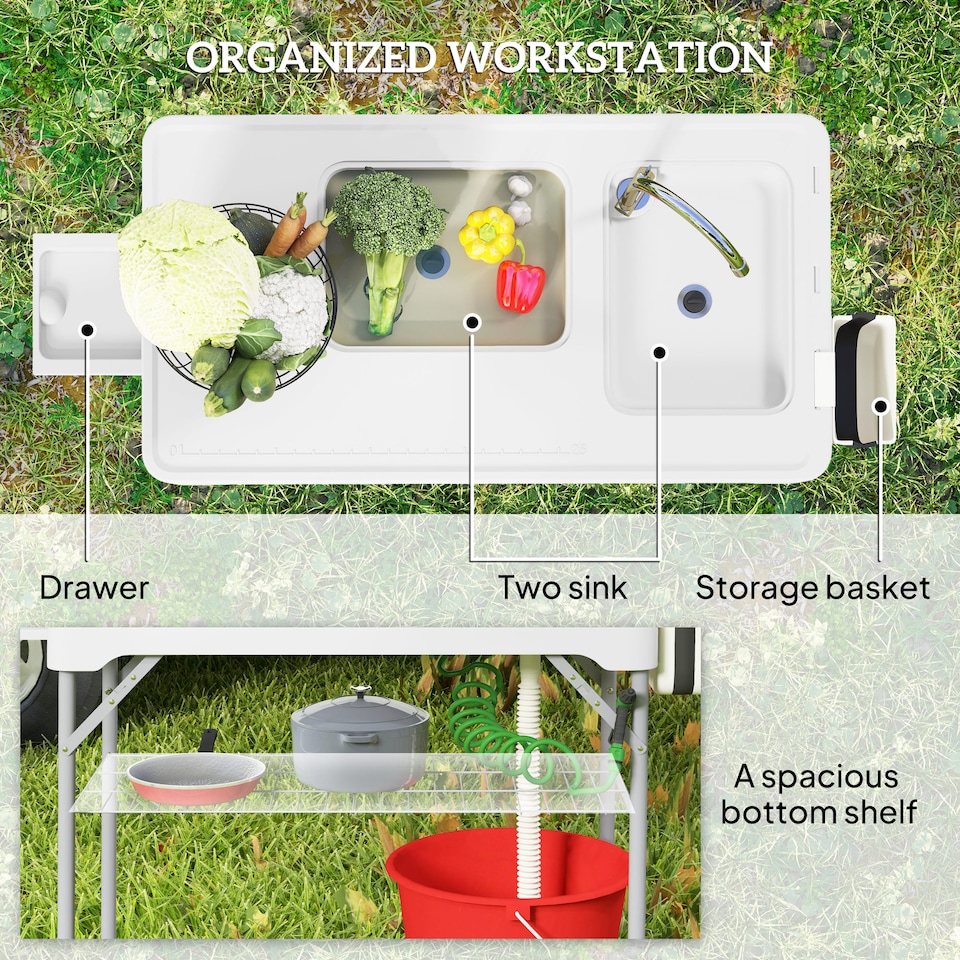 image 1 of Outsunny Folding Fish Cleaning Table Camping Sink Table with Faucet, White | White | White | 108L x 58W x 92H cm
