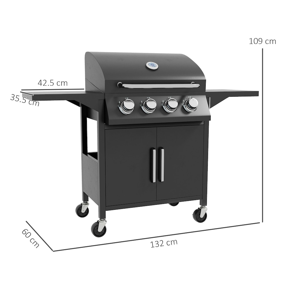 image 1 of Outsunny 3 Burner Gas Grill Portable Barbecue Trolley with Side Shelves